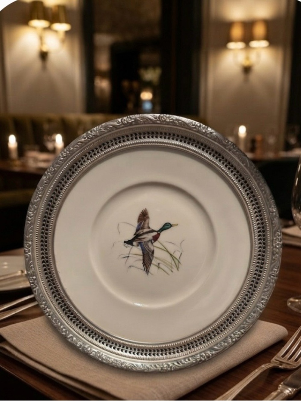 gorgeous !  this vintage Frank M. Whiting porcelain plate sterling silver trim.